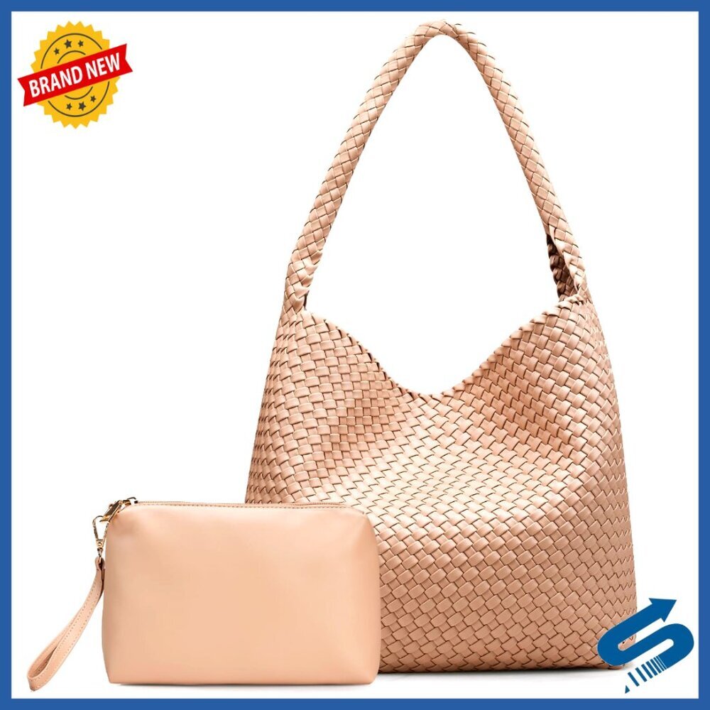 Woven Vegan Leather Tote Bag Set with Clutch Boho Chic Shoulder Hobo Handbag